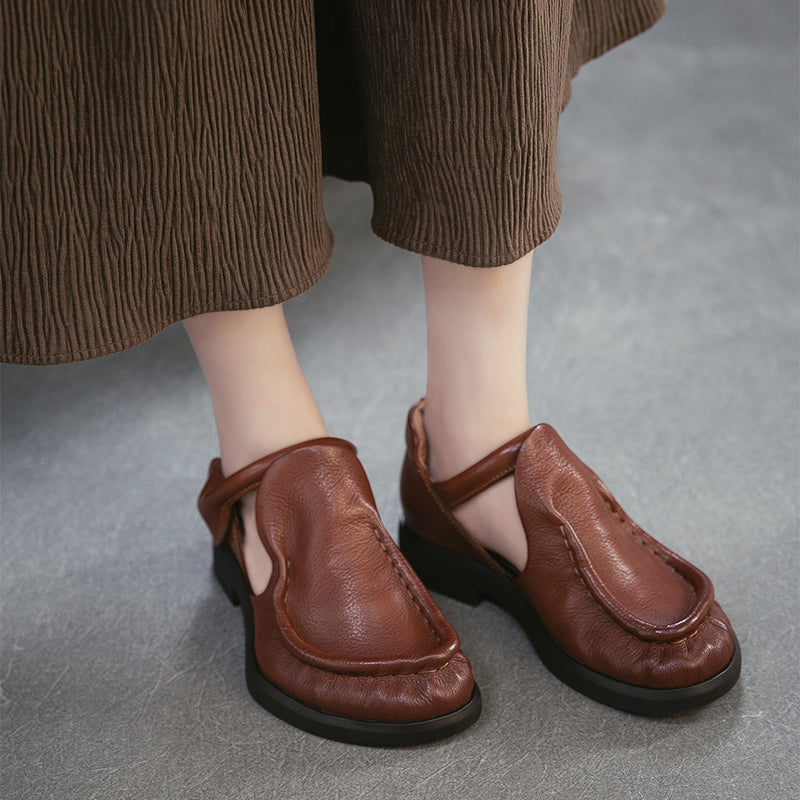 Chaussures Mary Jane en cuir pleine fleur rétro pour femmes avec bande velcro en noir/marron