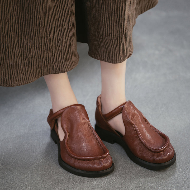 Chaussures Mary Jane en cuir pleine fleur rétro pour femmes avec bande velcro en noir/marron