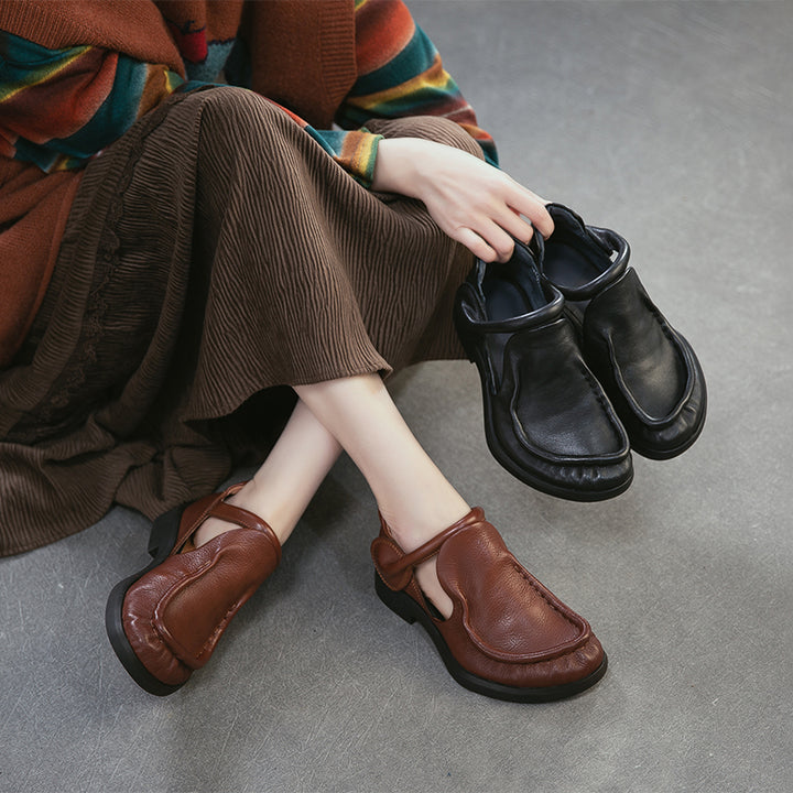 Chaussures Mary Jane en cuir pleine fleur rétro pour femmes avec bande velcro en noir/marron