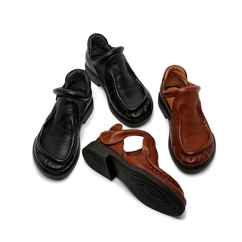 Chaussures Mary Jane en cuir pleine fleur rétro pour femmes avec bande velcro en noir/marron