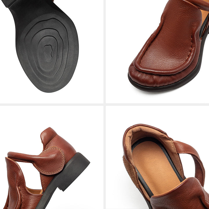 Chaussures Mary Jane en cuir pleine fleur rétro pour femmes avec bande velcro en noir/marron