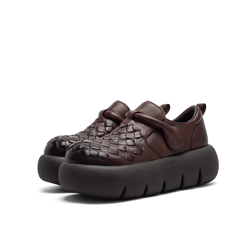 Mocassins tissés en cuir de vache faits à la main pour filles Mori avec velcro en noir/marron foncé/beige