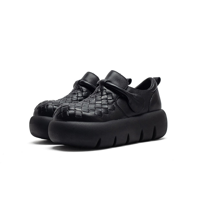 Mocassins tissés en cuir de vache faits à la main pour filles Mori avec velcro en noir/marron foncé/beige
