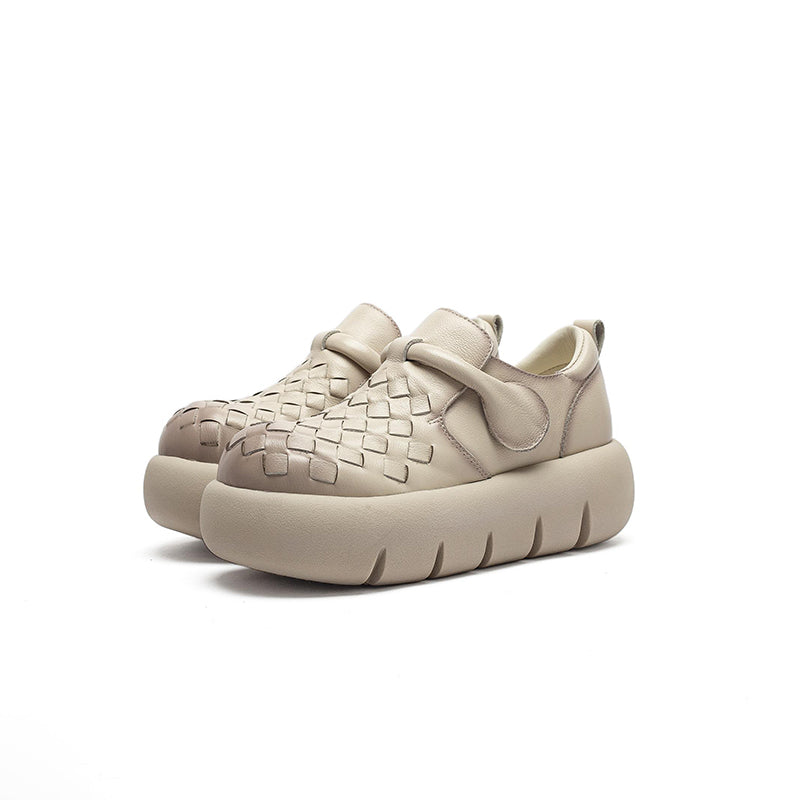 Mocassins tissés en cuir de vache faits à la main pour filles Mori avec velcro en noir/marron foncé/beige