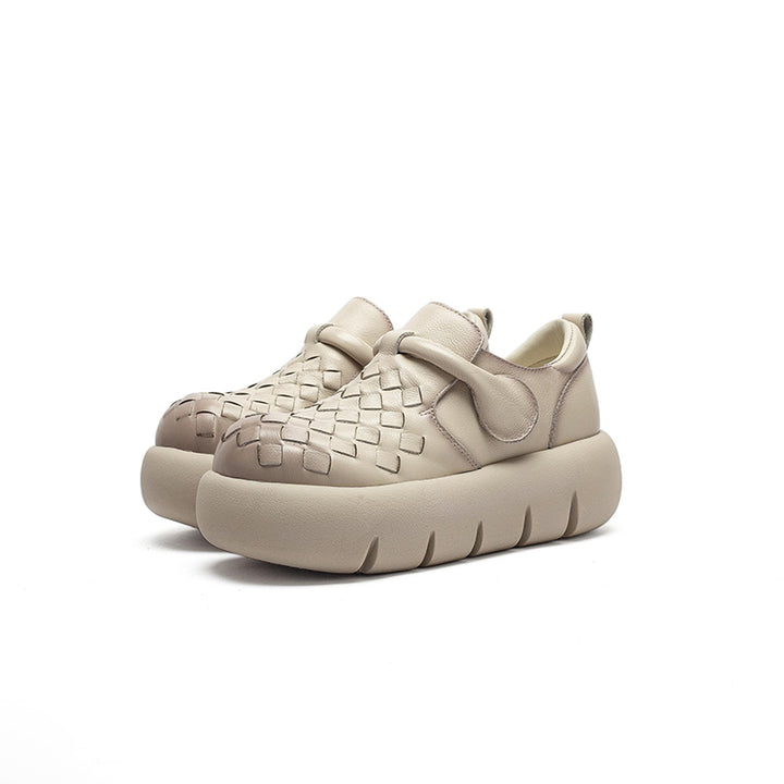 Mocassins tissés en cuir de vache faits à la main pour filles Mori avec velcro en noir/marron foncé/beige