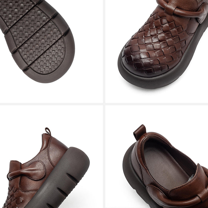 Mocassins tissés en cuir de vache faits à la main pour filles Mori avec velcro en noir/marron foncé/beige