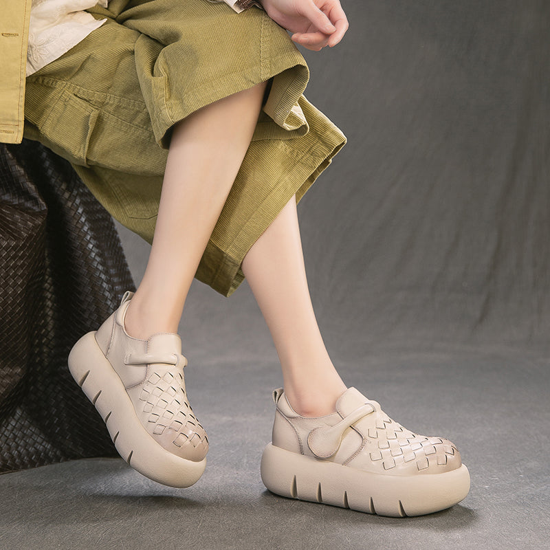 Mocassins tissés en cuir de vache faits à la main pour filles Mori avec velcro en noir/marron foncé/beige