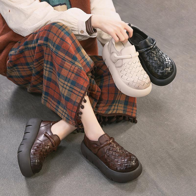 Mocassins tissés en cuir de vache faits à la main pour filles Mori avec velcro en noir/marron foncé/beige