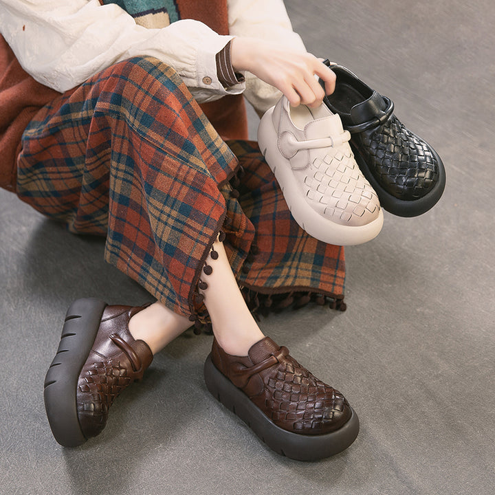 Mocassins tissés en cuir de vache faits à la main pour filles Mori avec velcro en noir/marron foncé/beige