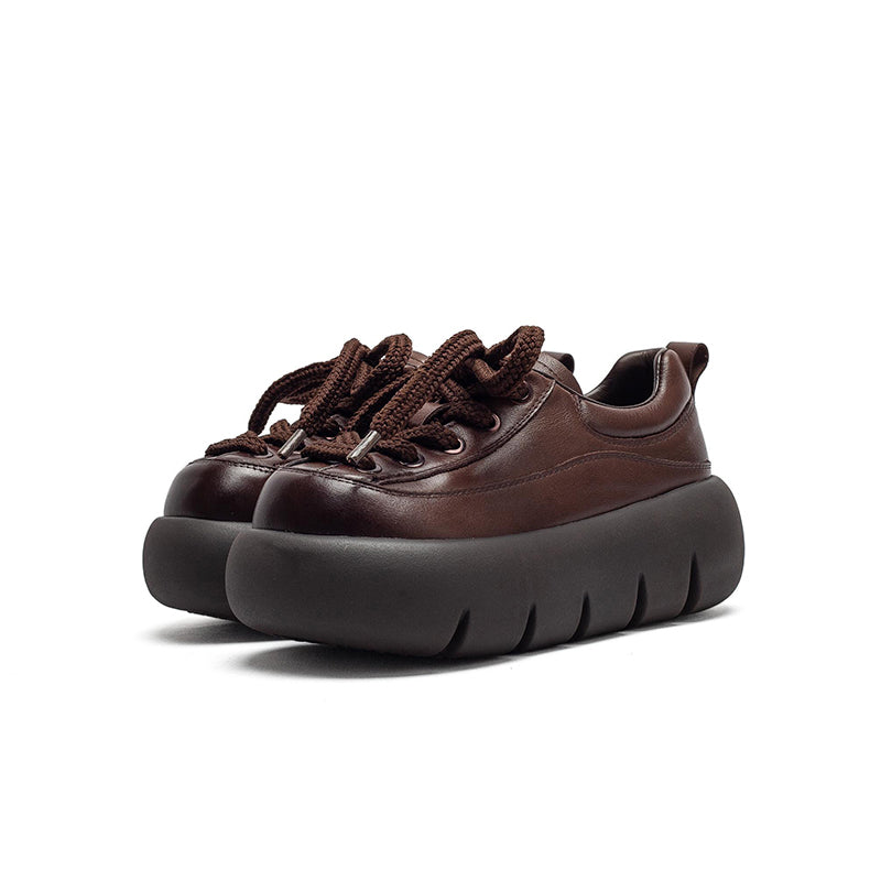 Baskets en cuir à plateforme rétro pour femmes, chaussures sportives faites à la main à lacets en noir/marron/beige