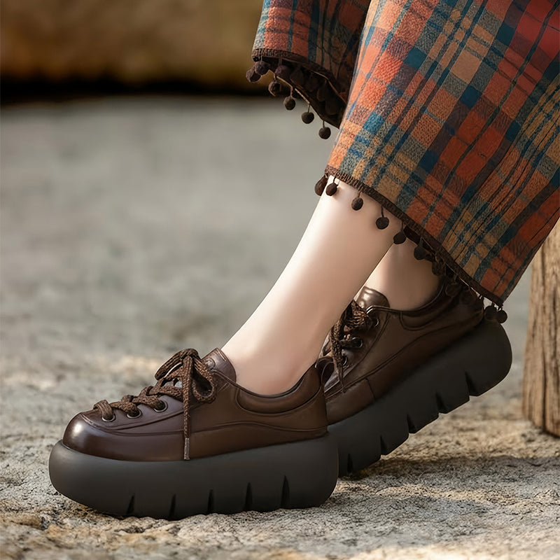 Baskets en cuir à plateforme rétro pour femmes, chaussures sportives faites à la main à lacets en noir/marron/beige
