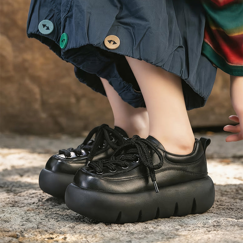 Baskets en cuir à plateforme rétro pour femmes, chaussures sportives faites à la main à lacets en noir/marron/beige