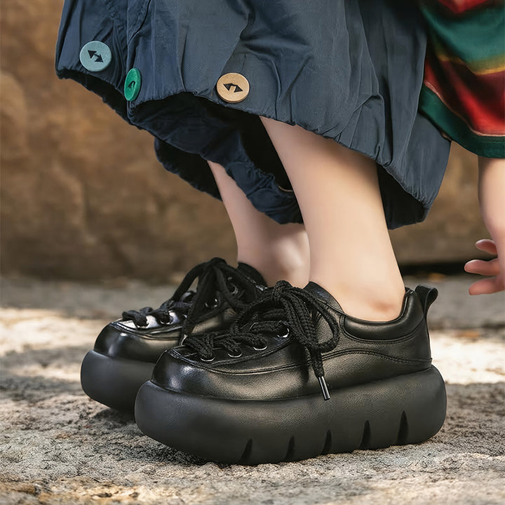 Baskets en cuir à plateforme rétro pour femmes, chaussures sportives faites à la main à lacets en noir/marron/beige