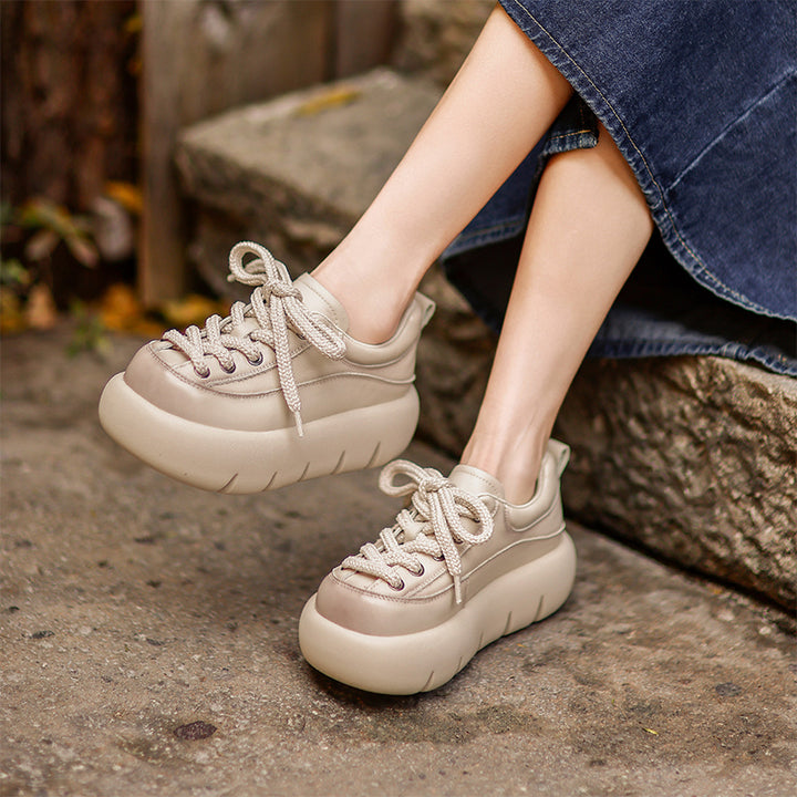 Baskets en cuir à plateforme rétro pour femmes, chaussures sportives faites à la main à lacets en noir/marron/beige