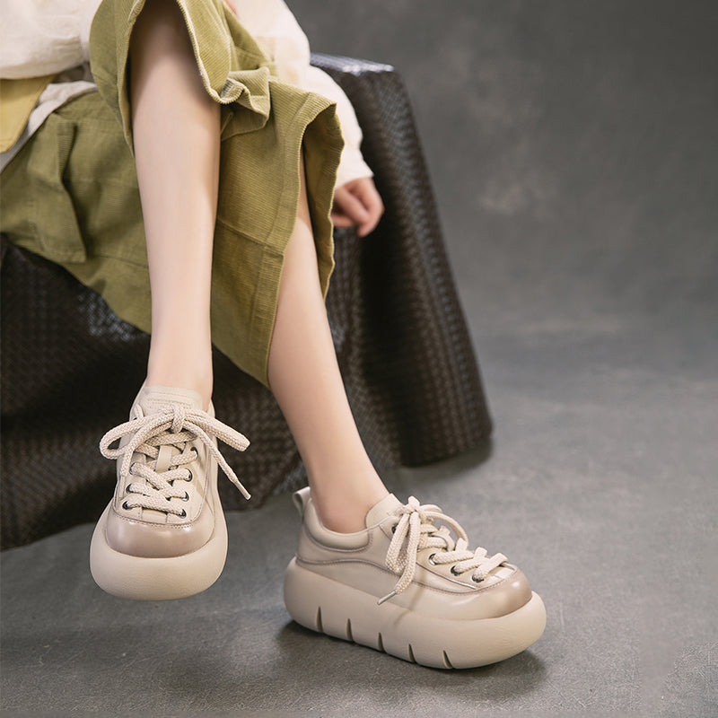 Baskets en cuir à plateforme rétro pour femmes, chaussures sportives faites à la main à lacets en noir/marron/beige