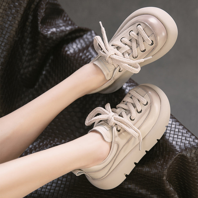 Baskets en cuir à plateforme rétro pour femmes, chaussures sportives faites à la main à lacets en noir/marron/beige