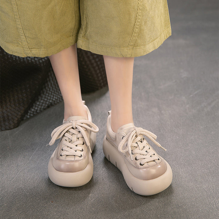 Baskets en cuir à plateforme rétro pour femmes, chaussures sportives faites à la main à lacets en noir/marron/beige