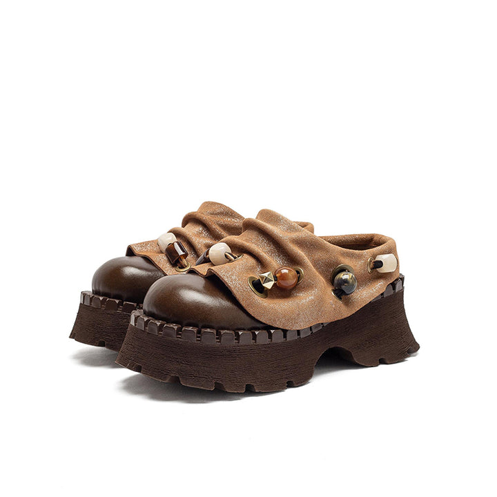 Mules en cuir à plateforme chunky rétro faites à la main, pantoufles de mode designer de 70 mm en noir/café