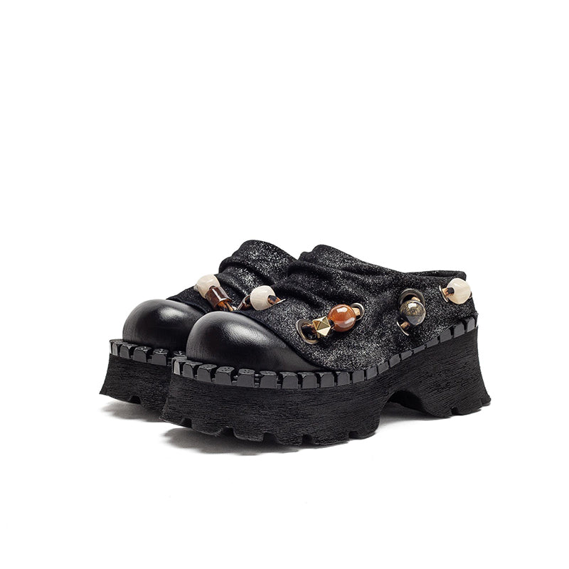 Mules en cuir à plateforme chunky rétro faites à la main, pantoufles de mode designer de 70 mm en noir/café