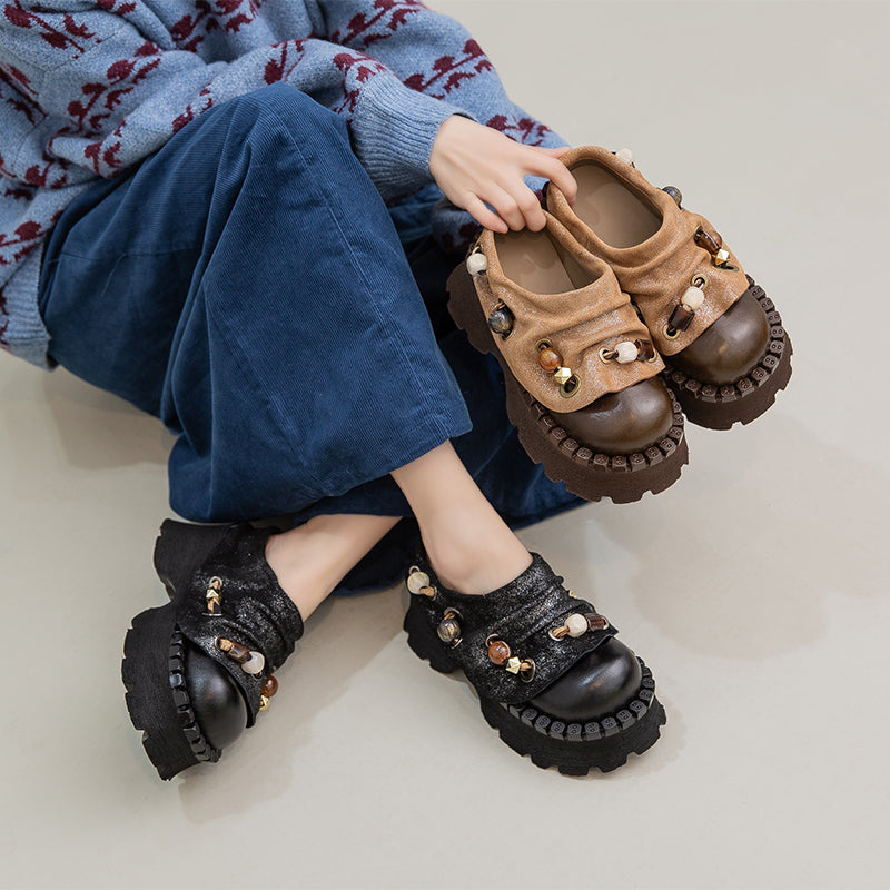 Mules en cuir à plateforme chunky rétro faites à la main, pantoufles de mode designer de 70 mm en noir/café