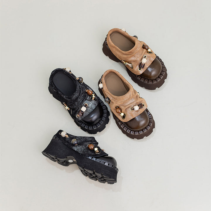 Mules en cuir à plateforme chunky rétro faites à la main, pantoufles de mode designer de 70 mm en noir/café