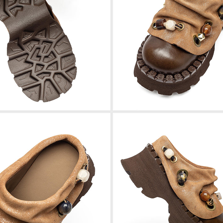 Mules en cuir à plateforme chunky rétro faites à la main, pantoufles de mode designer de 70 mm en noir/café