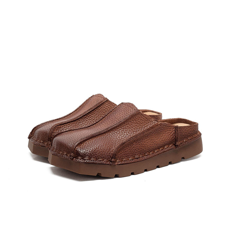 Mules en cuir à bout carré faites à la main, pantoufles plates décontractées en marron/rouge/vert