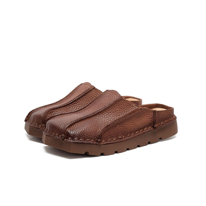 Mules en cuir à bout carré faites à la main, pantoufles plates décontractées en marron/rouge/vert