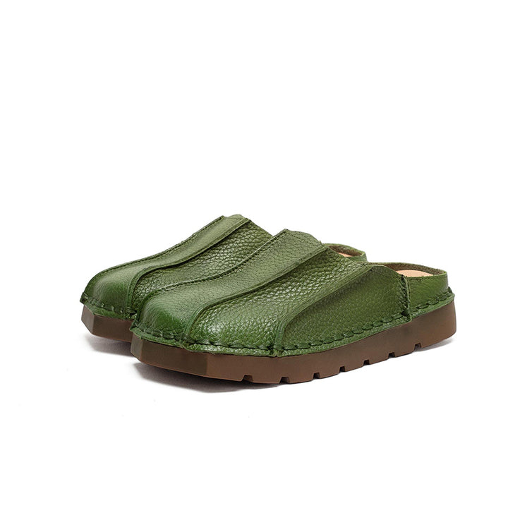 Mules en cuir à bout carré faites à la main, pantoufles plates décontractées en marron/rouge/vert