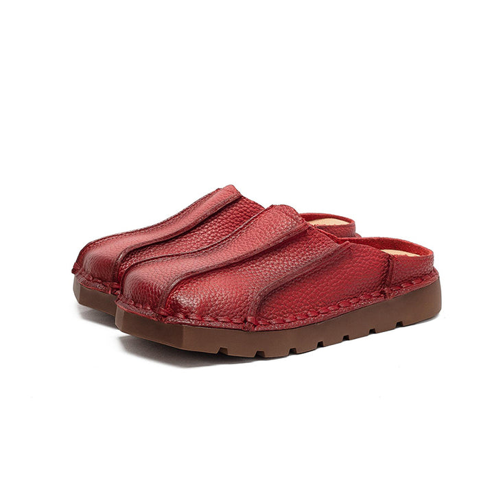 Mules en cuir à bout carré faites à la main, pantoufles plates décontractées en marron/rouge/vert