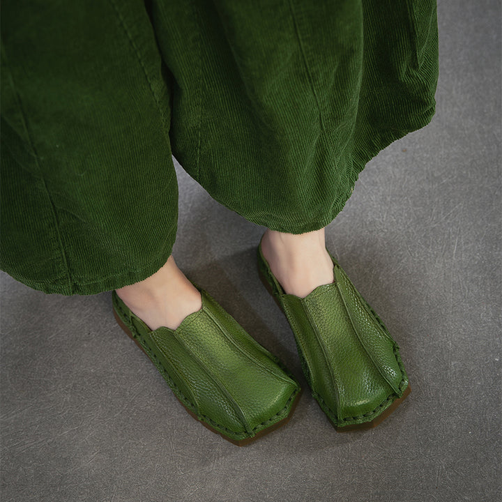 Mules en cuir à bout carré faites à la main, pantoufles plates décontractées en marron/rouge/vert