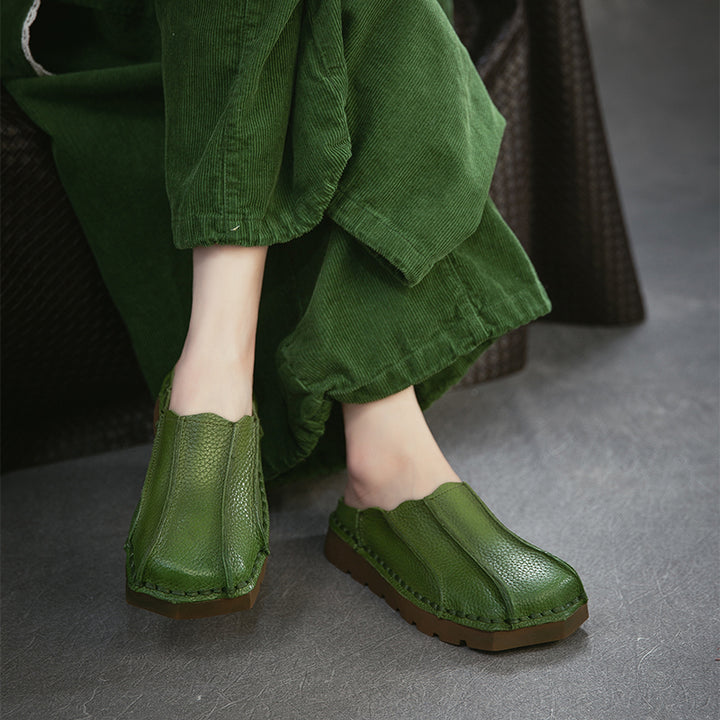 Mules en cuir à bout carré faites à la main, pantoufles plates décontractées en marron/rouge/vert