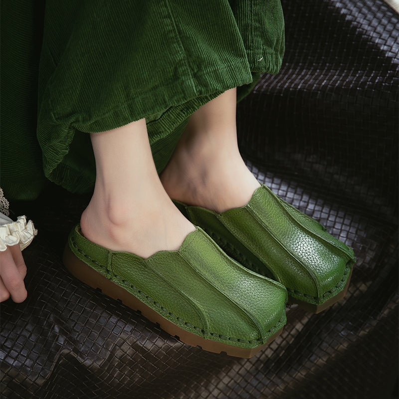 Mules en cuir à bout carré faites à la main, pantoufles plates décontractées en marron/rouge/vert