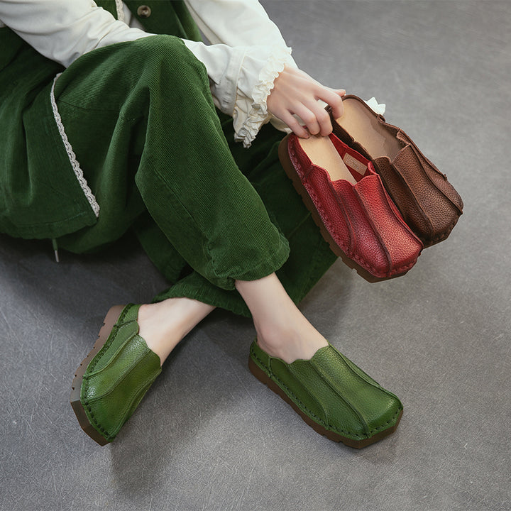 Mules en cuir à bout carré faites à la main, pantoufles plates décontractées en marron/rouge/vert