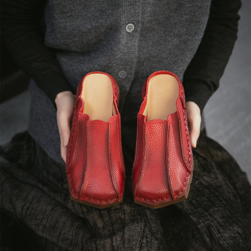 Mules en cuir à bout carré faites à la main, pantoufles plates décontractées en marron/rouge/vert