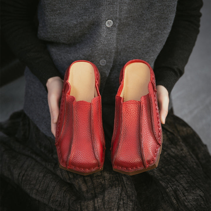 Mules en cuir à bout carré faites à la main, pantoufles plates décontractées en marron/rouge/vert