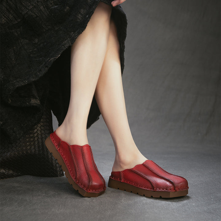 Mules en cuir à bout carré faites à la main, pantoufles plates décontractées en marron/rouge/vert