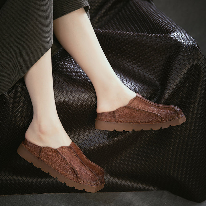 Mules en cuir à bout carré faites à la main, pantoufles plates décontractées en marron/rouge/vert