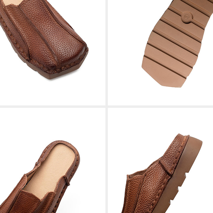 Mules en cuir à bout carré faites à la main, pantoufles plates décontractées en marron/rouge/vert