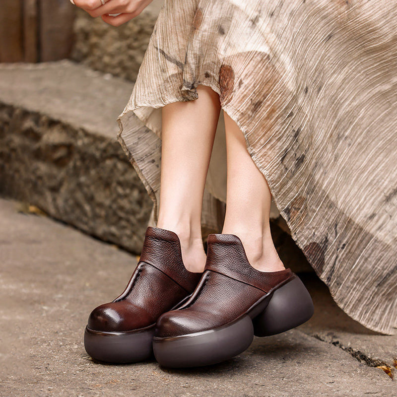 Mules en cuir à plateforme chunky vintage de 65 mm, chaussures décontractées à enfiler en noir/café