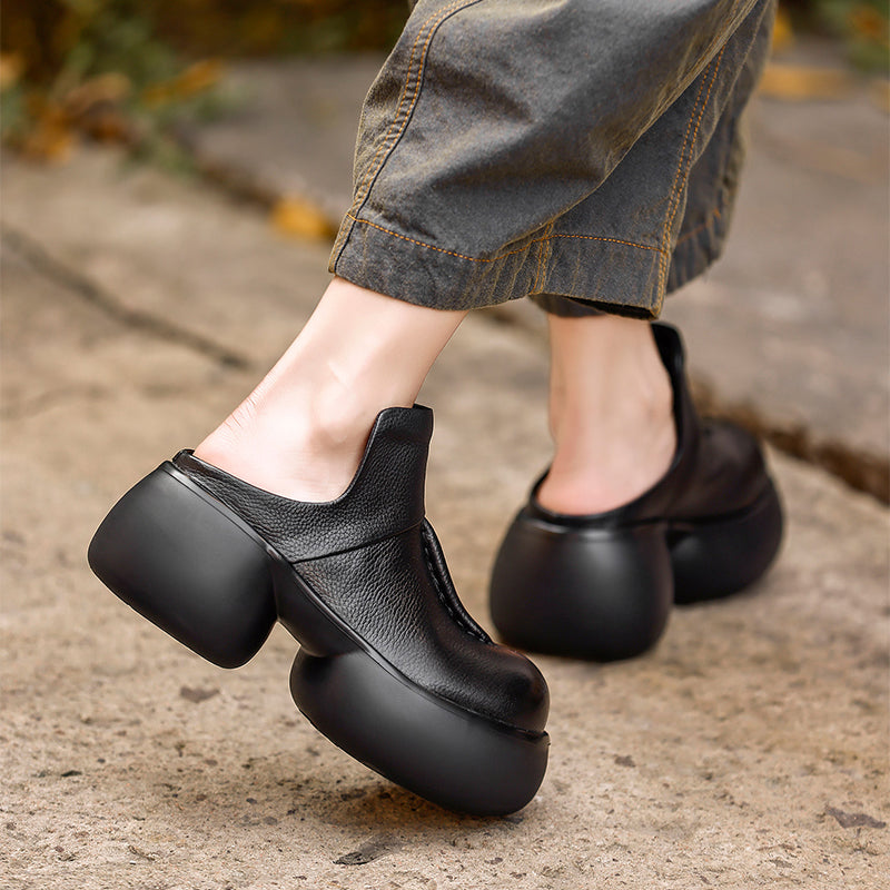Mules en cuir à plateforme chunky vintage de 65 mm, chaussures décontractées à enfiler en noir/café