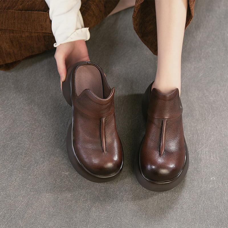 Mules en cuir à plateforme chunky vintage de 65 mm, chaussures décontractées à enfiler en noir/café