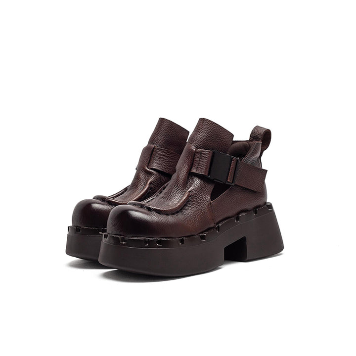 Bottes en cuir à plateforme chunky faites à la main avec sangle à boucle en noir/café