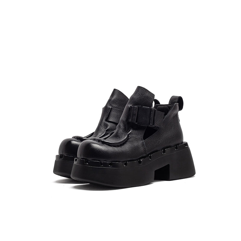 Bottes en cuir à plateforme chunky faites à la main avec sangle à boucle en noir/café
