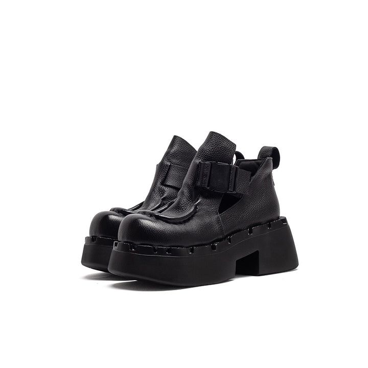 Bottes en cuir à plateforme chunky faites à la main avec sangle à boucle en noir/café