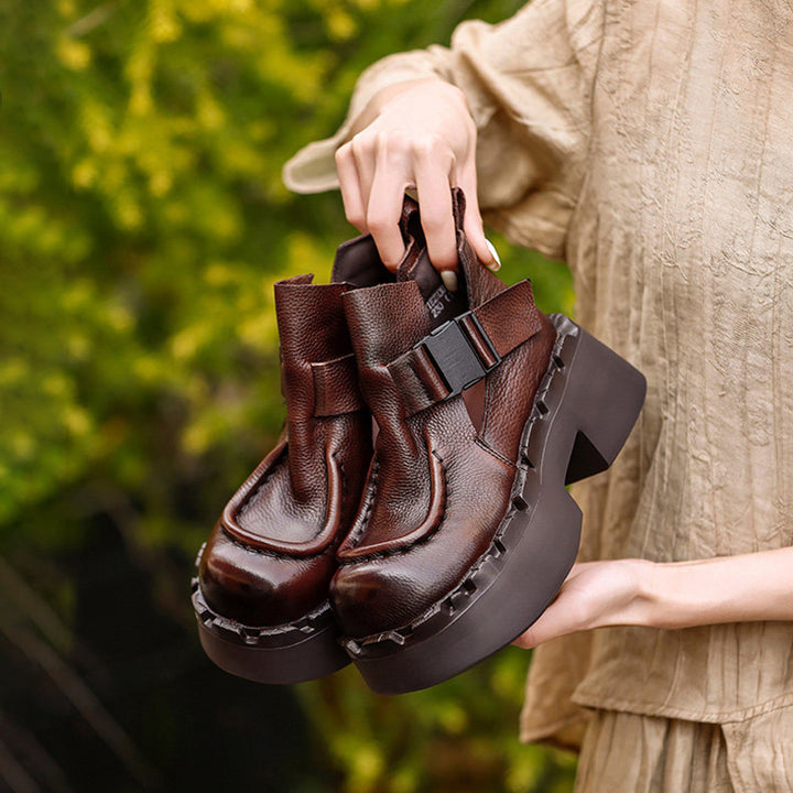 Bottes en cuir à plateforme chunky faites à la main avec sangle à boucle en noir/café