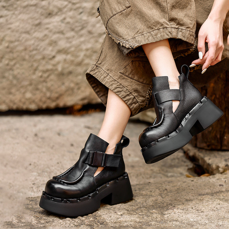 Bottes en cuir à plateforme chunky faites à la main avec sangle à boucle en noir/café