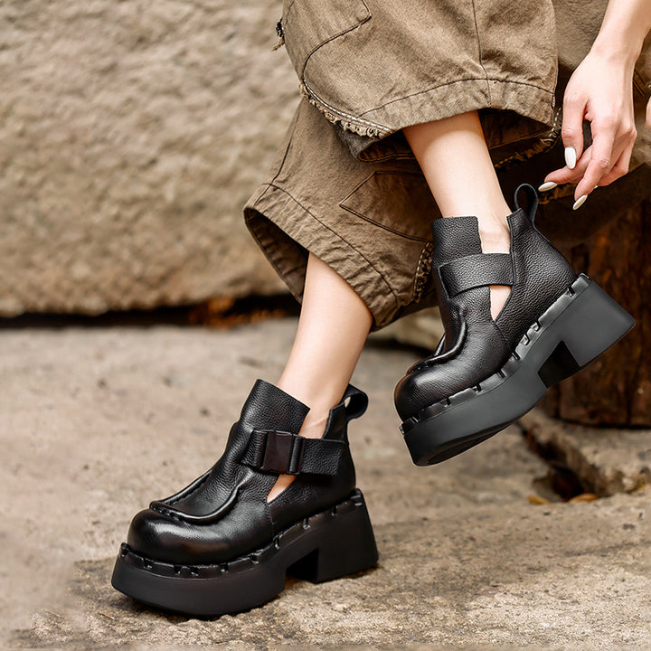 Bottes en cuir à plateforme chunky faites à la main avec sangle à boucle en noir/café