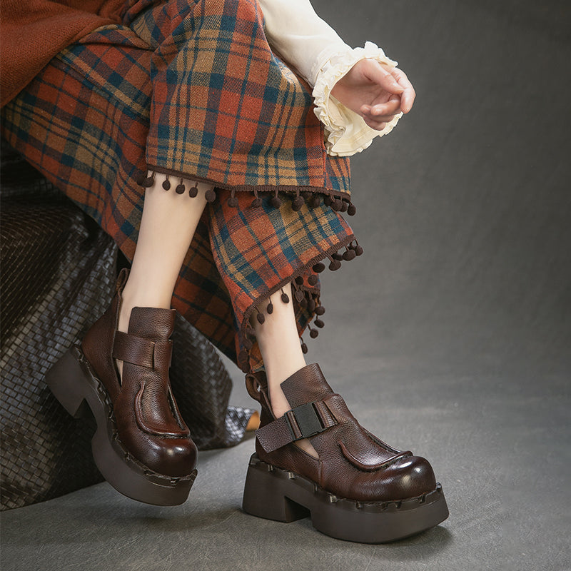 Bottes en cuir à plateforme chunky faites à la main avec sangle à boucle en noir/café