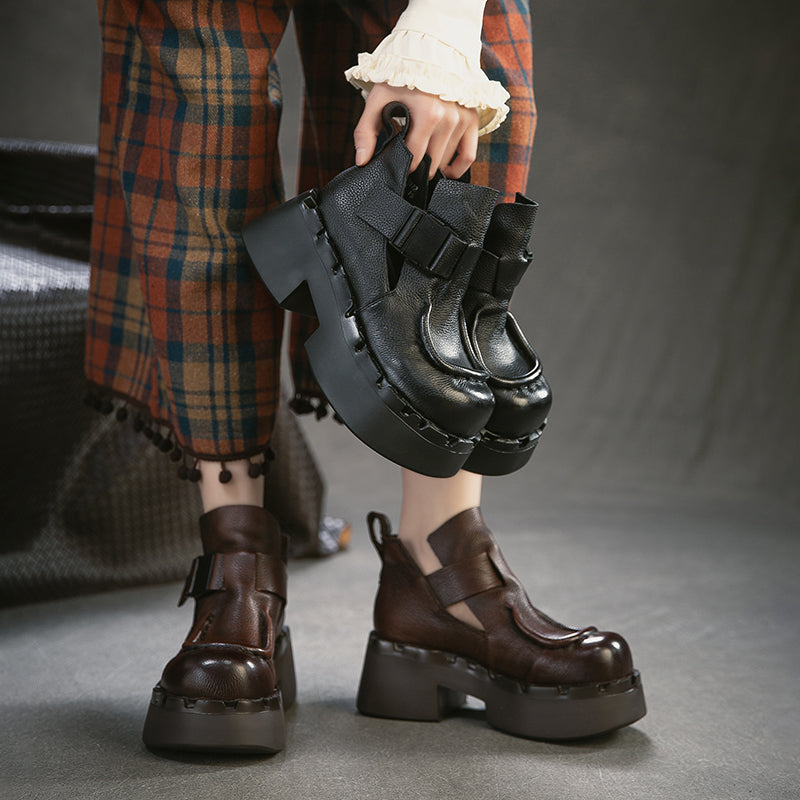 Bottes en cuir à plateforme chunky faites à la main avec sangle à boucle en noir/café